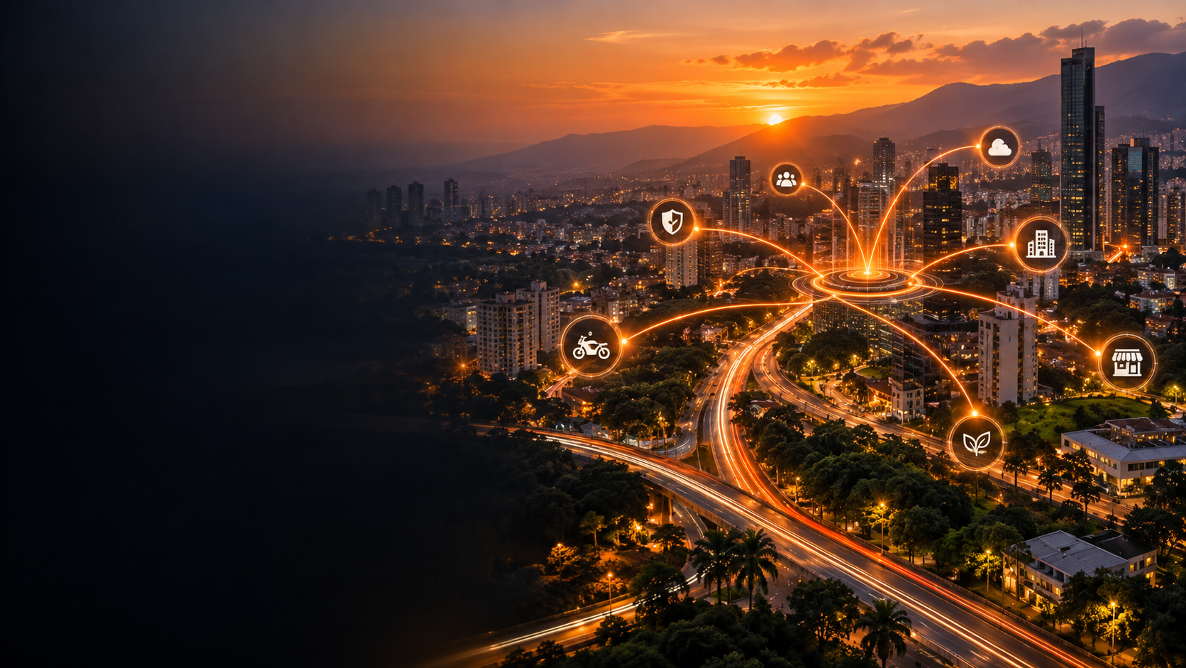 Vista aérea de una ciudad colombiana al atardecer conectada digitalmente